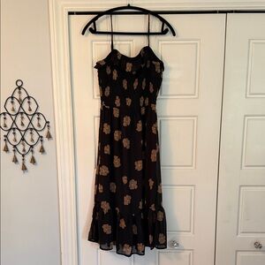 Black Floral Midi Dress with Ruffle Hem